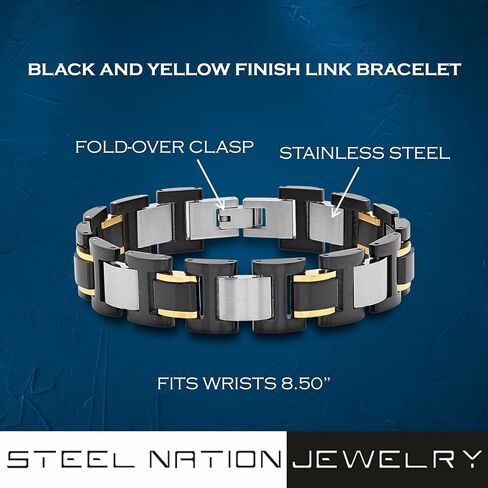Stainless Steel Black and Yellow Finish Link Bracelet - 8.5 Inches Hypoallergenic, Robust in Saudi Arabia