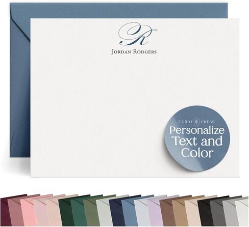 Personalized Stationery for Women & Men, Thin Bordered Flat Card with Custom Note Cards Initials, Personalized Note Cards with Envelopes Thank You Stationery Custom Card - Classic Monogram Flat in Saudi Arabia