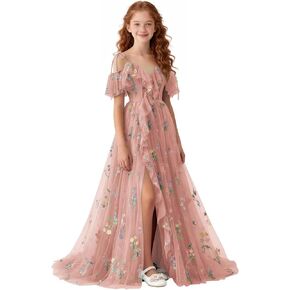 الأزهار المطرزة تول زهرة فتاة اللباس قبالة الكتف فساتين وصيفة الشرف صغار مع شق الخامس الرقبة فساتين رسمية in Kuwait