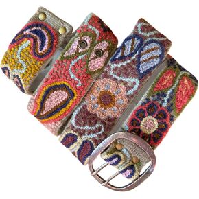 Hand Embroidered Peruvian Wool Belt, Flower Belt, Statement Belt - Bohemian Mosaic Tan Base in Saudi Arabia