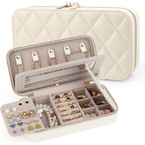 Travel Jewelry Case with Mirror, Quilted Small Jewelry Box Organizer for Women Girls, Portable Earring Necklace Bracelet Ring Holder Storage for Travel, Gifts for Her (Beige) in Saudi Arabia