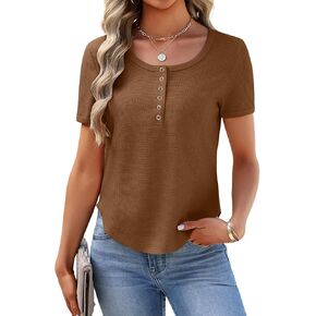 Women's Waffle Knit Tops Short Sleeve Button Henley Shirts Business Casual Blouses Lightweight Summer Top 2026 in Saudi Arabia