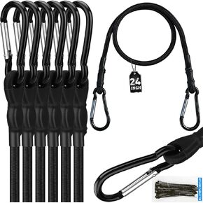 8-Piece 48-inch Adjustable Bungee Cords with Hooks, Heavy Duty Outdoor Carabiner Bungee Straps, Easily Adjust from 7" to 48", Black Super Elastic Cord for Cargo, Camping, Bike Racks, Tents in Kuwait