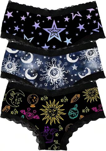SHENHE Women's 3 Pack Gothic Underwear Lace Trim Star Sun Print Mid Rise Bikini Panties in Saudi Arabia