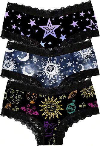 SHENHE Women's 3 Pack Gothic Underwear Lace Trim Star Sun Print Mid Rise Bikini Panties in Saudi Arabia