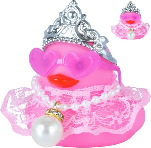 Pink Rubber Duck with Crown, Heart Glasses, Skirt & Pearl Necklace - Squeaky Car Dashboard Decor for Jeep, Fun Duck Accessories, DIY for Car Lovers in Kuwait