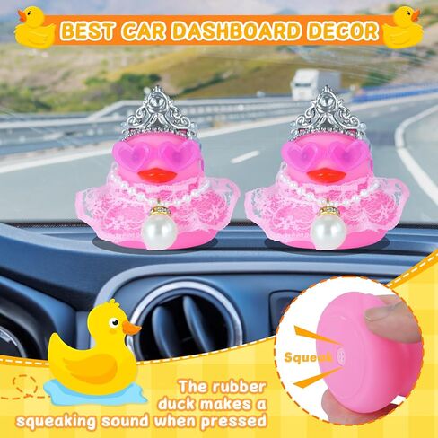 Pink Rubber Duck with Crown, Heart Glasses, Skirt & Pearl Necklace - Squeaky Car Dashboard Decor for Jeep, Fun Duck Accessories, DIY for Car Lovers in Kuwait