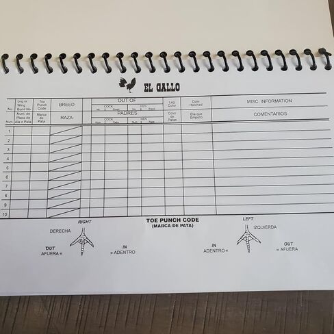 كتاب سجل تربية الديك والدواجن El Gallo، غلاف حلزوني، ثنائي اللغة الإنجليزية/الإسبانية، شريط الساق وسجل إصبع القدم، ورق ثقيل، غلاف صلب، إشارة مرجعية، كتابة ذهبية in Saudi Arabia