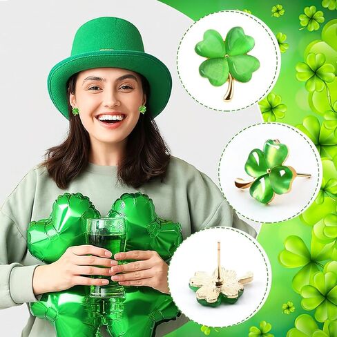AUGSUN 4-Pair St Patrick's Day Shamrock Stud Earrings for Women, Green Clover Crystal Rhinestone Earrings, Lucky Charm Gift for Festive Celebrations in Saudi Arabia