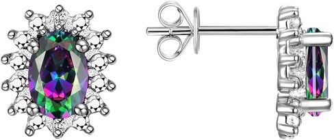 RYLOS 14K White Gold Halo Stud Earrings - 6X4MM Oval Gemstone & Diamonds - Exquisite Birthstone Jewelry in Saudi Arabia