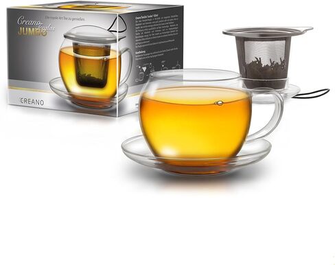 Creano Tea Glass with Infuser and Lid 400ml - Large Tea Cup - Microwave & Dishwasher Safe - Loose Leaf Tea Maker Gift Set in Kuwait