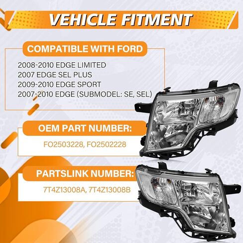 Headlight Assembly Compatible with Ford Edge 2007 2008 2009 2010 Limited SE SEL Halogen Headlamp, OE-Style Head Lamp Replacement for FO2503228 FO2502228, Chrome Housing White Reflector in Saudi Arabia