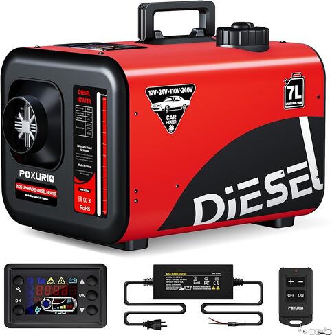 سخان ديزل كبير 7 لتر، 8 كيلو وات 240 فولت/110 فولت/12 فولت/24 فولت الكل في واحد سخان هواء ديزل مع مفتاح LCD، جهاز تحكم عن بعد، مناسب للشاحنة، RV، المنزل، السيارة، المعسكر، القارب، أحمر in Kuwait