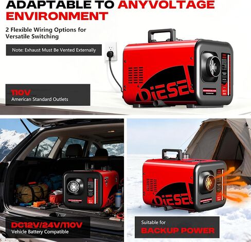 سخان ديزل كبير 7 لتر، 8 كيلو وات 240 فولت/110 فولت/12 فولت/24 فولت الكل في واحد سخان هواء ديزل مع مفتاح LCD، جهاز تحكم عن بعد، مناسب للشاحنة، RV، المنزل، السيارة، المعسكر، القارب، أحمر in Kuwait