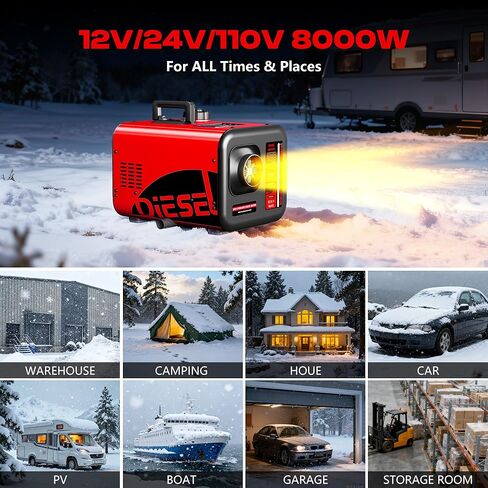 سخان ديزل كبير 7 لتر، 8 كيلو وات 240 فولت/110 فولت/12 فولت/24 فولت الكل في واحد سخان هواء ديزل مع مفتاح LCD، جهاز تحكم عن بعد، مناسب للشاحنة، RV، المنزل، السيارة، المعسكر، القارب، أحمر in Kuwait