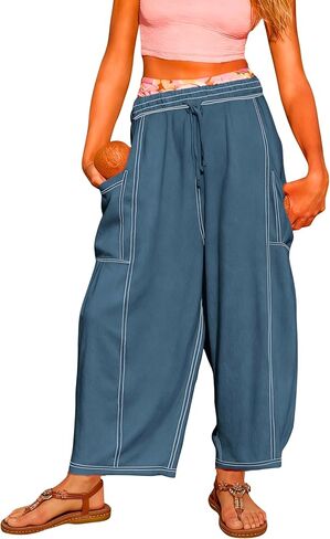 سراويل Gozoloma النسائية القطنية واسعة الساق سراويل بالازو الفضفاضة بخصر مطاطي وخياطة متباينة مع جيوب ملابس صيف 2026 in Kuwait