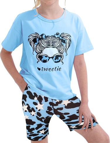 Girls' Summer Outfit,High Low Irregular Cute Graphic T-Shirt & Print Camouflage Shorts 2-Piece Set for Kids & Teens in Saudi Arabia