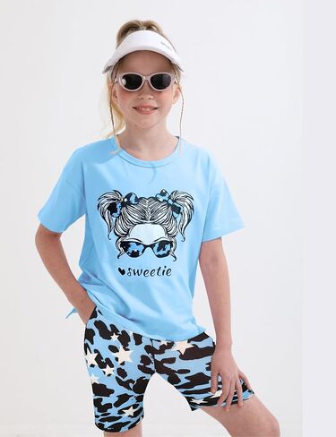 Girls' Summer Outfit,High Low Irregular Cute Graphic T-Shirt & Print Camouflage Shorts 2-Piece Set for Kids & Teens in Saudi Arabia