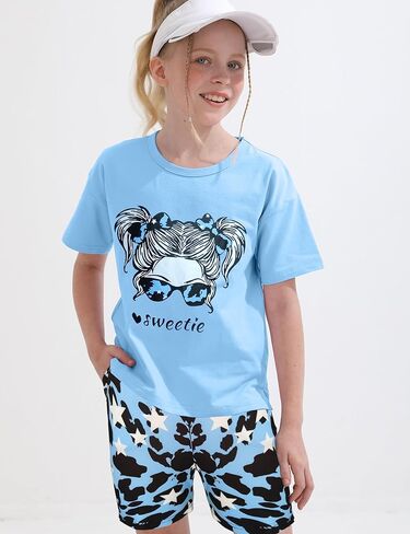 Girls' Summer Outfit,High Low Irregular Cute Graphic T-Shirt & Print Camouflage Shorts 2-Piece Set for Kids & Teens in Saudi Arabia