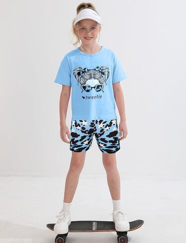 Girls' Summer Outfit,High Low Irregular Cute Graphic T-Shirt & Print Camouflage Shorts 2-Piece Set for Kids & Teens in Saudi Arabia