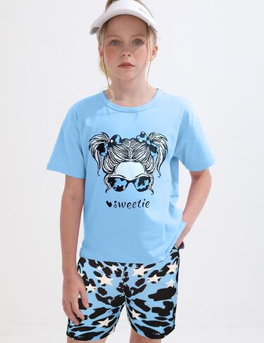 Girls' Summer Outfit,High Low Irregular Cute Graphic T-Shirt & Print Camouflage Shorts 2-Piece Set for Kids & Teens in Saudi Arabia