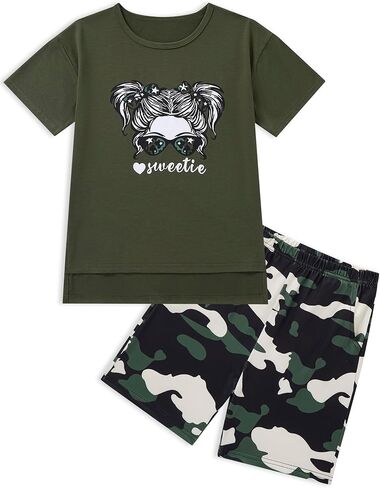 Girls' Summer Outfit,High Low Irregular Cute Graphic T-Shirt & Print Camouflage Shorts 2-Piece Set for Kids & Teens in Saudi Arabia