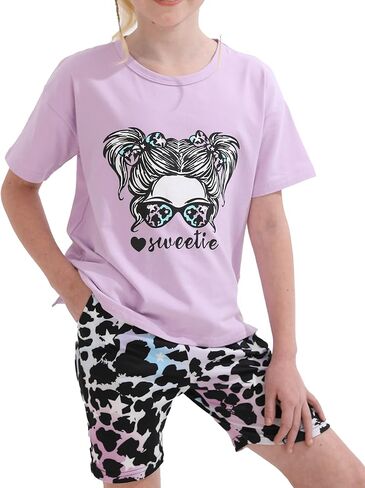 Girls' Summer Outfit,High Low Irregular Cute Graphic T-Shirt & Print Camouflage Shorts 2-Piece Set for Kids & Teens in Saudi Arabia