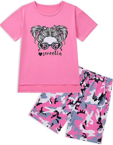 Girls' Summer Outfit,High Low Irregular Cute Graphic T-Shirt & Print Camouflage Shorts 2-Piece Set for Kids & Teens in Saudi Arabia