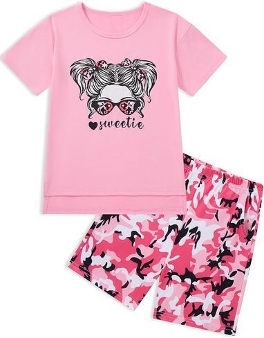 Girls' Summer Outfit,High Low Irregular Cute Graphic T-Shirt & Print Camouflage Shorts 2-Piece Set for Kids & Teens in Saudi Arabia