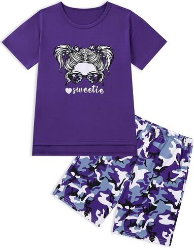 Girls' Summer Outfit,High Low Irregular Cute Graphic T-Shirt & Print Camouflage Shorts 2-Piece Set for Kids & Teens in Saudi Arabia