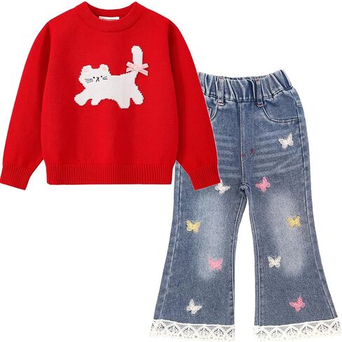 Peacolate 4-10T Spring Fall Little Big Girls 2pcs Clothing Set Knit Sweater and Jeans in Saudi Arabia