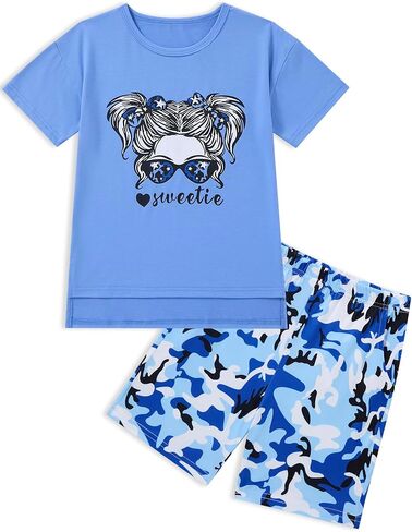 Girls' Summer Outfit,High Low Irregular Cute Graphic T-Shirt & Print Camouflage Shorts 2-Piece Set for Kids & Teens in Saudi Arabia