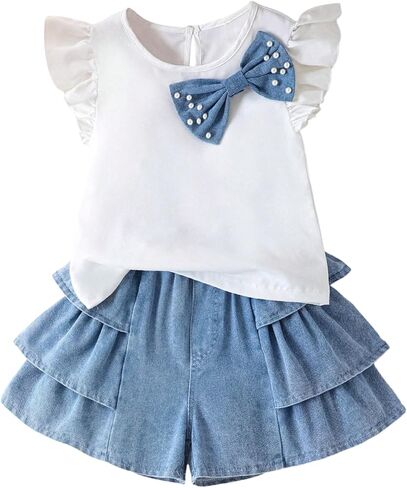 Verdusa Girl's 2 Piece Cute Outfits Pearls Denim Bow Ruffle Sleeve Blouse with Jean Shorts Comfy Sets in Saudi Arabia