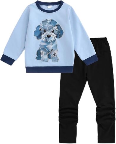 طقم ملابس للفتيات الصغيرات مكون من قطعتين بأكمام طويلة وطبعة بودل رائعة وسروال ملابس غير رسمية للربيع والخريف لعمر 4-8 in Kuwait