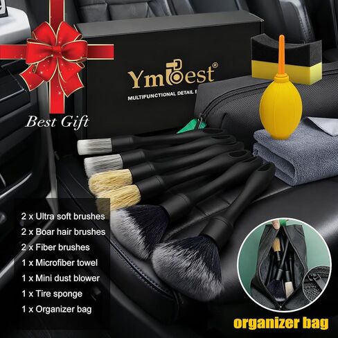 طقم فرش تفصيل السيارة مكون من 10 قطع، مجموعة فرش تفصيل السيارات الداخلية والخارجية الكل في واحد، فرشاة متينة فائقة النعومة لتفصيل شعر الخنزير، فرشاة تنظيف السيارة مع حقيبة تخزين ومنشفة تجفيف السيارة in Kuwait