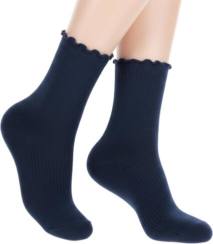 Womens Ankle Ruffle Socks Navy Blue Frilly Sock Cotton Turn-Cuff Frilly Crew Sock School Uniform Dress Socks for Girls in Saudi Arabia