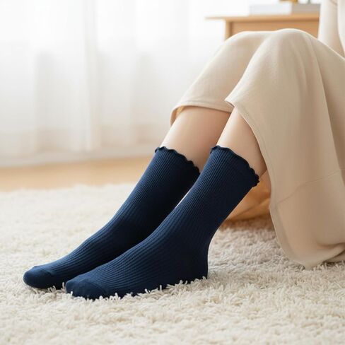 Womens Ankle Ruffle Socks Navy Blue Frilly Sock Cotton Turn-Cuff Frilly Crew Sock School Uniform Dress Socks for Girls in Saudi Arabia
