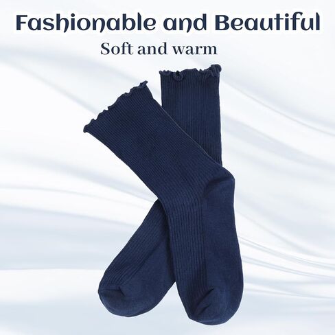 Womens Ankle Ruffle Socks Navy Blue Frilly Sock Cotton Turn-Cuff Frilly Crew Sock School Uniform Dress Socks for Girls in Saudi Arabia