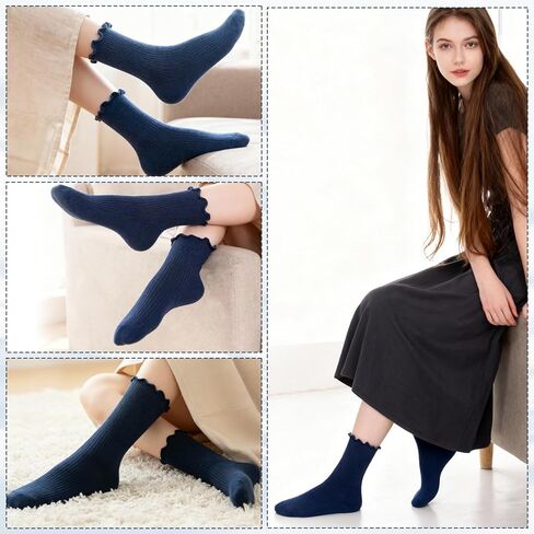 Womens Ankle Ruffle Socks Navy Blue Frilly Sock Cotton Turn-Cuff Frilly Crew Sock School Uniform Dress Socks for Girls in Saudi Arabia