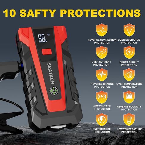 Scatach 011 6000A بطارية السيارة، حزمة بطارية 12 فولت (ما يصل إلى 14.0 لتر بنزين ومحرك ديزل 12.0 لتر)، صندوق قفز محمول مع 3 أوضاع مصباح يدوي وكابل قافز in Kuwait
