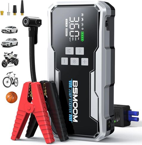 8000 أمبير مع ضاغط هواء، حزمة بطارية محمولة 26800 مللي أمبير في الساعة 160 رطل لكل بوصة مربعة (جميع الغاز/12 لتر ديزل) كابلات توصيل محمولة لبطارية السيارة مع شاشة LCD مقاس 3.4 بوصة، وأضواء in Kuwait