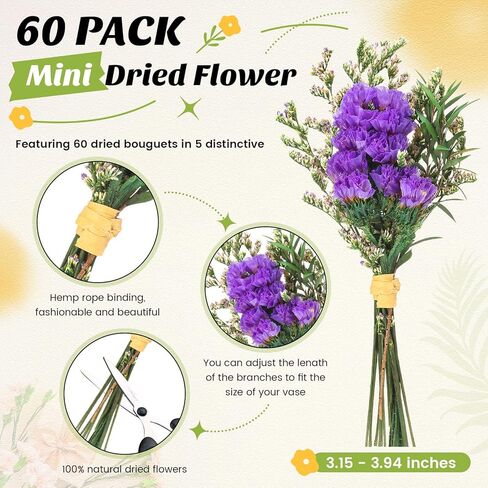 Nuanchu 60 Pcs Mini Dried Floral Flower Forget Me Not Bouquets Dried Embossing Flowers with Stem for Vase, Wedding, DIY Scrapbook Card Party Decor (Classic) in Saudi Arabia