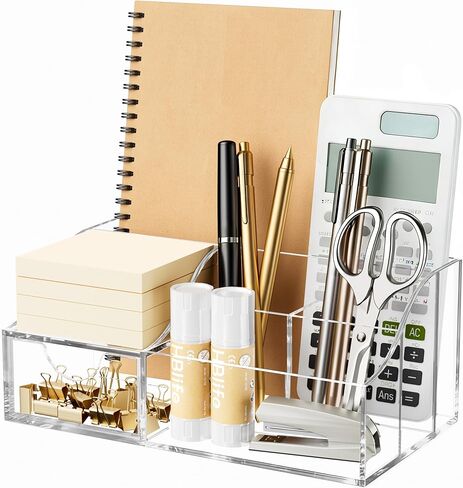 HBlife Acrylic Desk Organizer with 6 Compartments, Pen & Pencil Holder, Clear Multifunctional Desktop Caddy for Office Supply and Organization in Saudi Arabia