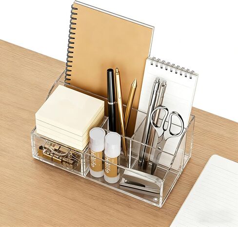 HBlife Acrylic Desk Organizer with 6 Compartments, Pen & Pencil Holder, Clear Multifunctional Desktop Caddy for Office Supply and Organization in Saudi Arabia