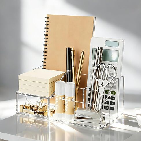 HBlife Acrylic Desk Organizer with 6 Compartments, Pen & Pencil Holder, Clear Multifunctional Desktop Caddy for Office Supply and Organization in Saudi Arabia