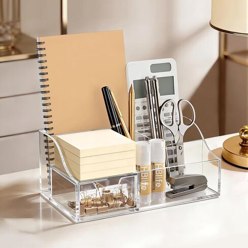 HBlife Acrylic Desk Organizer with 6 Compartments, Pen & Pencil Holder, Clear Multifunctional Desktop Caddy for Office Supply and Organization in Saudi Arabia