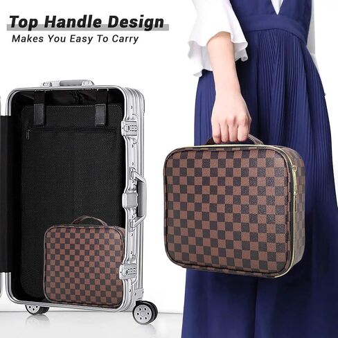 Checkered Makeup Bag, Portable Makeup Bag with Adjustable Partition, Cosmetic Bags for Women Toiletry Travel Organizer Portable Make Up Bags for Christmas Birthday Gifts in Saudi Arabia