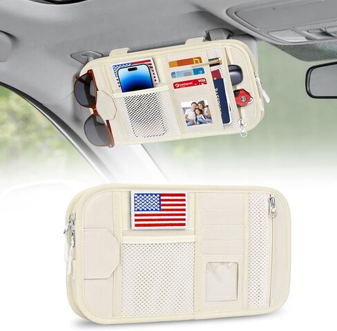 HUANLANG منظم حاجب الشمس للسيارة، ملحقات السيارة التكتيكية مع حقيبة تخزين بسحاب، جيب كم للبطاقات بمشبك نظارات، منظم حاجب متعدد الجيوب يناسب معظم السيارات وسيارات الدفع الرباعي والشاحنات in Kuwait