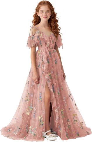 الأزهار المطرزة تول زهرة فتاة اللباس قبالة الكتف فساتين وصيفة الشرف صغار مع شق الخامس الرقبة فساتين رسمية in Kuwait