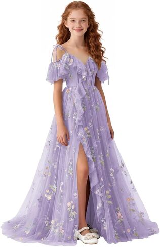 Floral Embroidered Tulle Flower Girl Dress Off Shoulder Junior Bridesmaid Dresses with Slit V-Neck Formal Dresses in Saudi Arabia